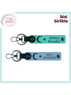 Gönlündeki Yerini Taçlandıran Hediye – Ay Yıldız Desenli Kişisel Anahtarlık, Turkuaz-Gök Mavi