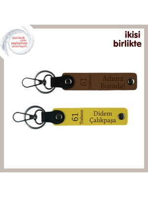 Trabzonluya Verilebilecek Değerli Hediye, 61 Yazılı, Kişisel Deri Anahtarlık, Açık Kahve-Sarı