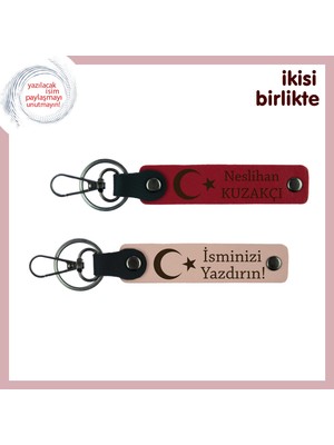 Isim ve Soyisim Yazılabilir Ay Yıldız Motifli Deri Anahtarlık, Kişisel Hediye, Kırmızı-Yavru Ağzı