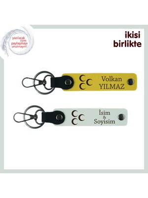 Aşkın ve Bağlılığın Simgesi – Üç Hilal ve Isimli Ikili Anahtarlık Set, Sarı-Beyaz