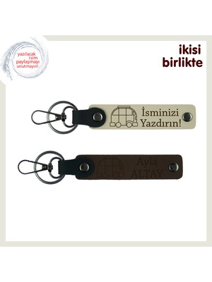 Karavan Sevdalısına Uygun Hediyelik, Kişiye Özel Deri Anahtarlık X2’li, Sütlü Kahve-Koyu Kahve