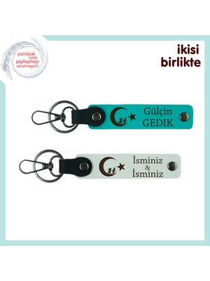 Teyzeye Gönülden Bir Hediye – Çocuk ve Ayyıldız 2’li Kişisel Anahtarlık Seti, Koyu Turkuaz-Beyaz