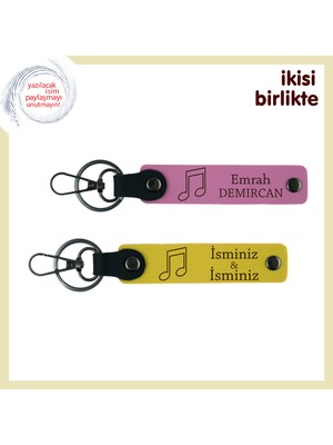 Aile Bireylerine Müziğin Diliyle Hediye, Isimli Deri Anahtarlık Takımı, Pembe-Sarı