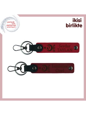 Isim ve Soyisimli  Ayyıldız Kurt Göktürk Desenli Özel Tasarım Anahtarlık Hediye Set, Kırmızı-Bordo