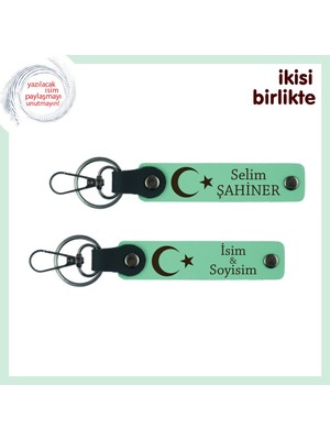 En Yakın Arkadaşına Kalıcı Hatıra –ay Yıldızlı, Çift Isimli 2 Anahtarlık Hediye, Açık Yeşil-Yeşil