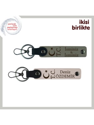 Kişiselleştirilebilir Özellikli Ay Yıldız Tc Motifli Isim Yazılabilen Anahtarlık Set, Kül Gri-Pudra