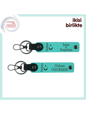 Milli Ruhu Yansıtan Hediye, Ayyıldız ve Türkiye Deri Anahtarlık Takım Isim Yazılı, Turkuaz-Turkuaz