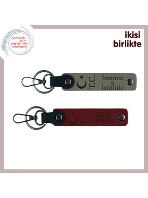 Arkadaşına Çok Özel Hediye, Ay Yıldız Tc Temalı Isim Yazılabilen 2' Li Anahtarlık Set, Kül Gri-Bordo