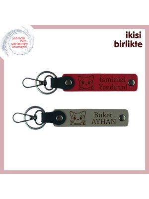 Kediyle Kurulan Ortak Evde Ilk Hediye, Patili Deri Anahtarlık Takımı, Kırmızı-Kül Gri