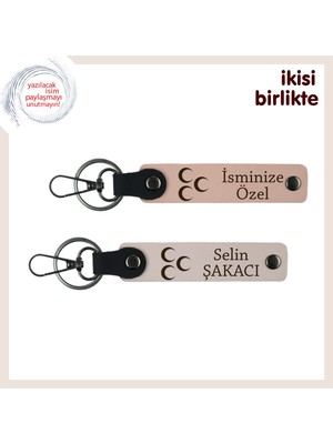 Kalıcı Hediye – Üç Hilal Temalı Isme Özel Kişisel Deri Anahtarlık X2, Yavru Ağzı-Pudra