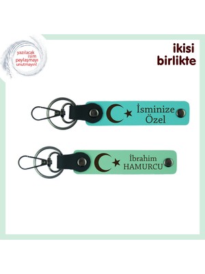 Birlikte Geçen Günleri Onurlandıran Hediye – Ay Yıldızlı Deri Anahtarlık X2 Set, Turkuaz-Yeşil