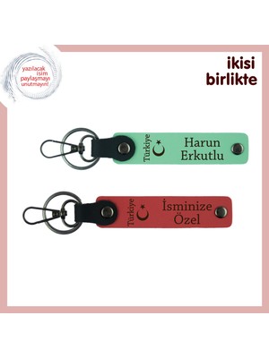 Babaya Kalıcı Hatıra Ayyıldız ve Türkiye Temalı, Isim Yazılı 2’li Anahtarlık Takımı, Yeşil-Nar
