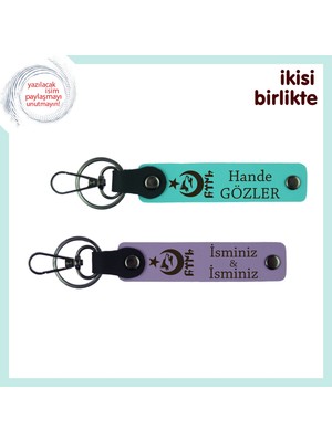 Sadece Ona Ait Hediye – Ayyıldız Kurt Göktürk Temalı Kişiye Özel Deri Anahtarlık Seti, Turkuaz-Mor