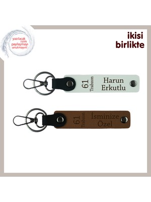 Trabzonluya Sunulabilecek Şık Hediye, Isme Özel 61 Temalı Deri Anahtarlık, Beyaz-Açık Kahve