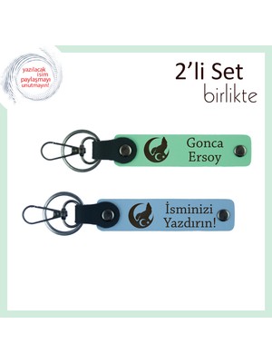 Komşuya Ince Sürpriz, Bozkurt ve Ayyıldız Temalı Isim Yazılı 2’li Anahtarlık Hediyesi, Yeşil-Mavi