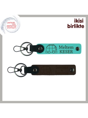 Yolda Yaşayanlara Kişisel Dokunuş, Karavan Motifli Deri Anahtarlık Takımı, Turkuaz-Koyu Kahve