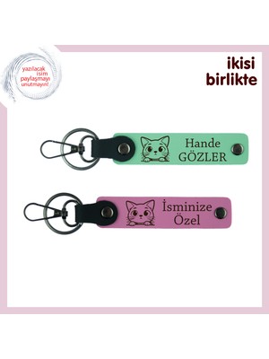 Kedili Sevgiliye Özel Hediye, Isimler Yazılabilir Anahtarlık 2’li Set, Açık Yeşil-Pembe