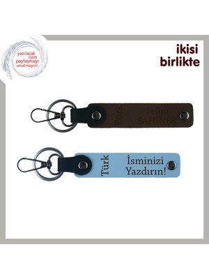 Doğum Gününde Anlamlı Hediye – Türk Yazısı 2’li Deri Anahtarlık Seti, Koyu Kahve-Gök Mavi