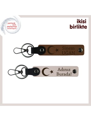 Öğretmene Kalıcı Hatıra, Ay Yıldızlı Isme & Soyisme Özel 2’li Anahtarlık Hediye, Açık Kahve-Pudra