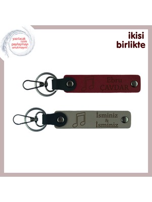 Nota Temalı Mezuniyet Armağanı, Kişiye Özel Deri Anahtarlık Seti, Isimleri Yazdır, Bordo-Kül Gri