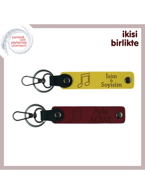 Romantik Ezgilerin Izini Taşıyan Hediye, Nota Figürlü Deri Anahtarlık Seti, Sarı-Bordo