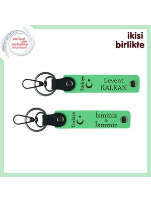 Kurumsal Hediye – Ayyıldız ve Türkiye Desenli, Isme Özel 2’li Anahtarlık Seti, Fıstık Yeşil-Yeşil