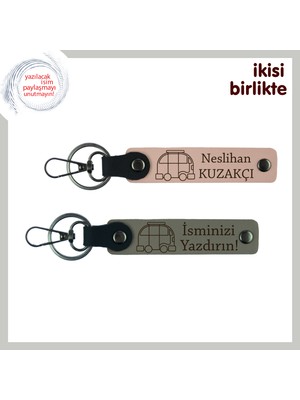 Tüm Rotalarda Sana Eşlik Etsin, Karavan Motifli Deri Anahtarlık Takımı, Yavru Ağzı-Kül Gri
