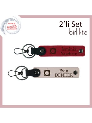 Baba ve Oğula Uygun Kişisel Tasarım, Gemi Temalı Deri Anahtarlık Seti, Kırmızı-Pudra