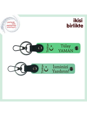 Ayyıldız ve Türkiye Desenli Öğretmene Teşekkür Anahtarlığı – Kişiye Özel 2’li Set, F Yeşil-Yeşil