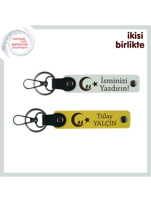 Asker Adayına Veda Hediyesi – Çocuk ve Ayyıldız, Isme Özel 2’li Anahtarlık Seti, Beyaz-Sarı
