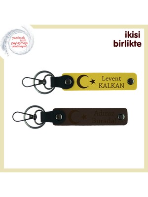 Vatan Temalı Aşk Hediyesi – Ay Yıldız Motifli Deri Anahtarlık Armağanı Isim Yazılı Set, Sarı-Kahve