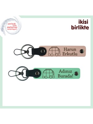 Sırt Çantasıyla Değil Karavanla Gezenlere, Deri Anahtarlık 2’li Set, Isim Yazılı, Yavru Ağzı-A Yeşil