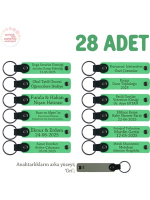 Okulda Öğretmene Veda Etkinliği, 28'li Set, Öğrenci Isimli Deri Anahtarlık Hediyesi, F Yeşil & Gri