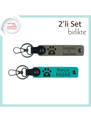 Kalpli Pati Motifli Deri Anahtarlık Seti, Kedi Sahipleri Için Özel Hediye, Kül Gri-Koyu Turkuaz