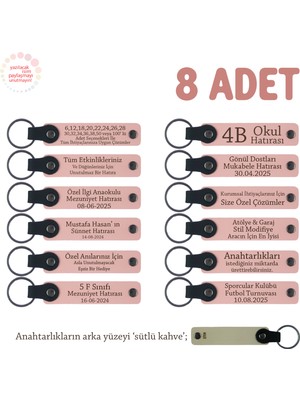Kurumsal Eğitimcilere Teşekkür Hediyesi, 8'li Set, Kişiye Özel Yazılı Anahtarlık, Pudra & S Kahve