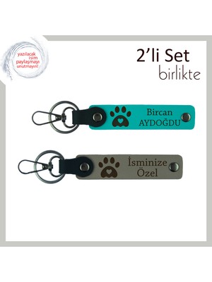 Kedi Seven Eşe Duygu Dolu Hediye, Pati Kalpli Kişisel Anahtarlık Takımı, Koyu Turkuaz-Kül Gri