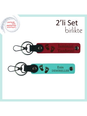 Anne ve Babaya Doğumdan Sonra Verilebilecek Hatıralık, Kalpli Ayak Figürlü Deri Set, Kırmızı-Turkuaz