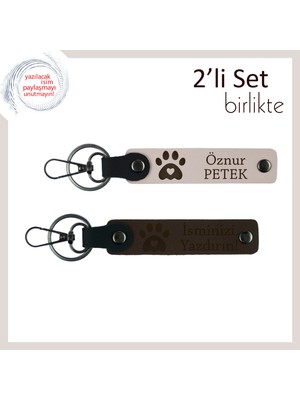 Hayvanları Seven Gençlere Sevimli Hediye, Kalpli Pati Figürlü Deri Anahtarlık Seti, Pudra-Koyu Kahve