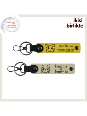 Sevgilinle Ortak Sahiplenilen Kediye Anlamlı Hatıra, Kedili Deri Anahtarlık Seti, Sarı-Sütlü Kahve