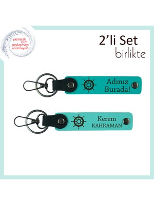 Sevgilinle Ortak Rotada, Isimli Gemi Dümeni Motifli Deri Anahtarlık Seti, Koyu Turkuaz-Turkuaz