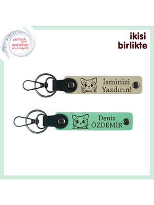 Sevgiline ve Ortak Kedinize Sevimli Hediye, Kedili Deri Anahtarlık Takımı, Sütlü Kahve-Açık Yeşil