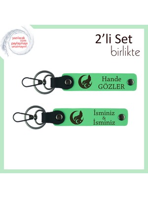 Kurumsal Hediye – Bozkurt ve Ayyıldız Desenli, Isme Özel 2’li Anahtarlık Seti, Fıstık Yeşil-Yeşil