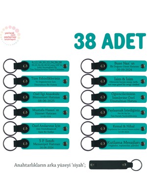 Okul Kütüphane Gönüllülerine, 38'li Set, Üzerine Isim Yazılan Deri Anahtarlık, Koyu Turkuaz & Siyah
