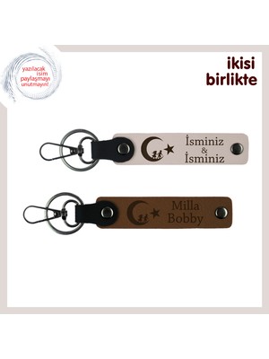 Sevgilinin Ismiyle Özelleşen Hediye – Çocuk ve Ayyıldız Temalı Deri Anahtarlık Seti, Pudra-Kahve