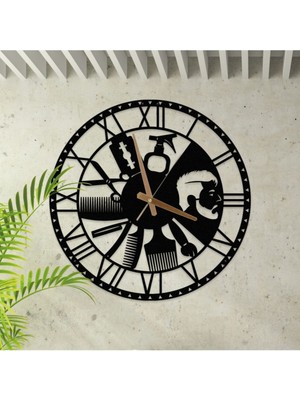 Şık Metal Duvar Saati, Kuaför Temalı, 45X45CM, Roma Rakamlı, Mat Siyah