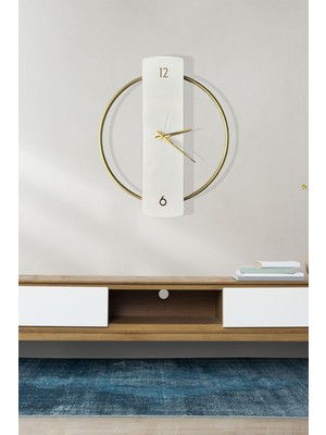 Altın Renkli Modern Metal Çerçeveli Ahşap Duvar Saati 60 cm