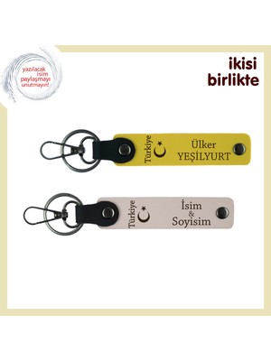 Miaju Vatan ve Aşk Bir Arada – Sevgiline Ayyıldız ve Türkiye Desenli Kişisel Anahtarlık Seti, Sarı-Pudra