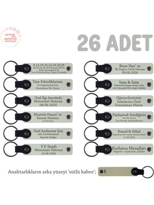 Miaju Nikah Gününüze Özel, 26'lı Set, Isim Yazılabilir Kişisel Hatıra Deri Anahtarlık, Beyaz & Sütlü Kahve