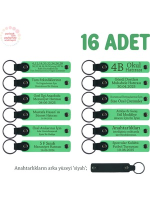 Miaju Anaokulu Yıl Sonu Hediyesi, 16'lı Set, Öğrenci Ismi Yazılı Öğretmene Özel Anahtarlık, F Yeşil & Syh