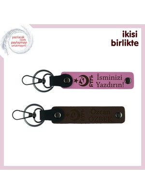 Miaju Sevgiliye Ayyıldız Kurt Göktürk Temalı Armağan – Isim Yazılabilir Deri Anahtarlık Seti, Pembe-Kahve